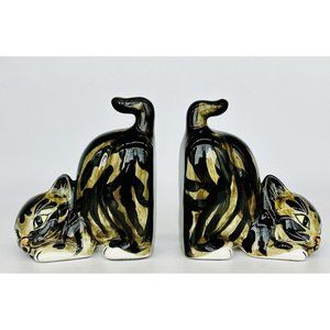 Vtg Kitschy Tabby Cat Kitten Figurine Bookends Striped 1978 Mann Japan Tags